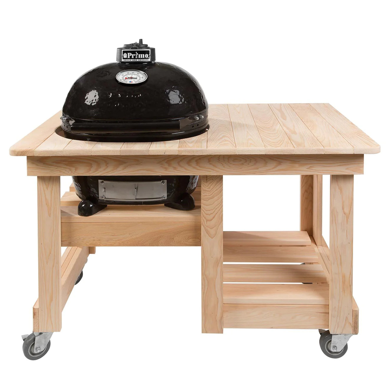 Primo Oval Junior 200 Ceramic Kamado Grill on Cypress Countertop Table